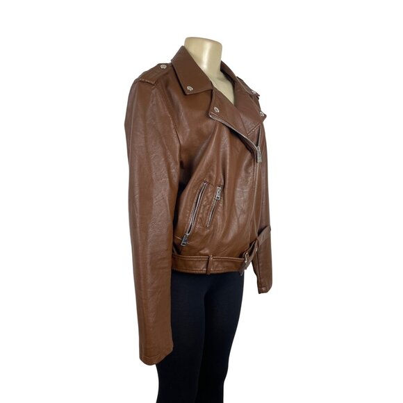 Levi's Brown Faux Leather Biker Jacket With Zipped Pockets & Belted Waist Sz XL - Picture 2 of 13
